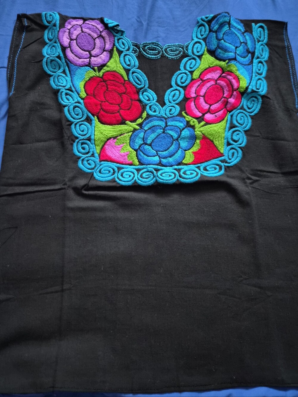 Embroidered Floral Black Women's Top with Turquoise Trim